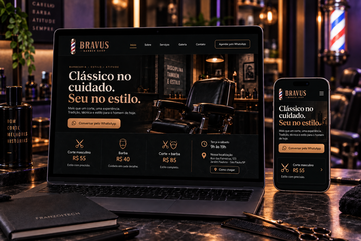 Conceito de site BRAVUS Barber Shop apresentado em notebook e celular, com serviços e contato pelo WhatsApp